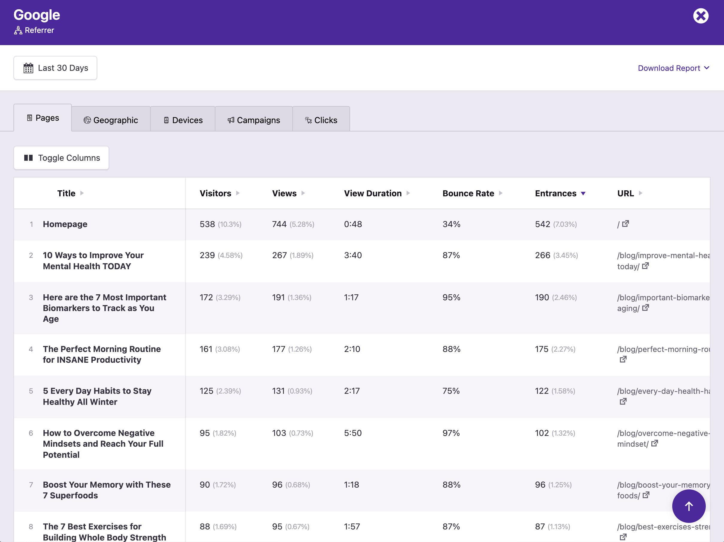Top landing pages shown for Google